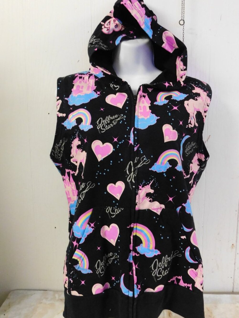 Jeffree Star Beauty Killer Sleeveless Hoodie Black Pink Unicorn Castle Vest L